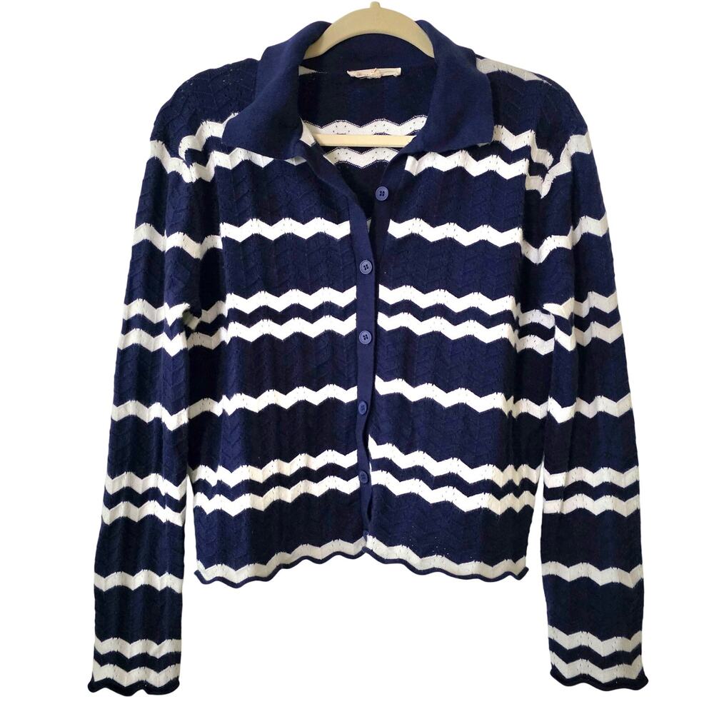 Solitaire Navy Blue & White Chevron Striped Cardigan Sweater Size XL